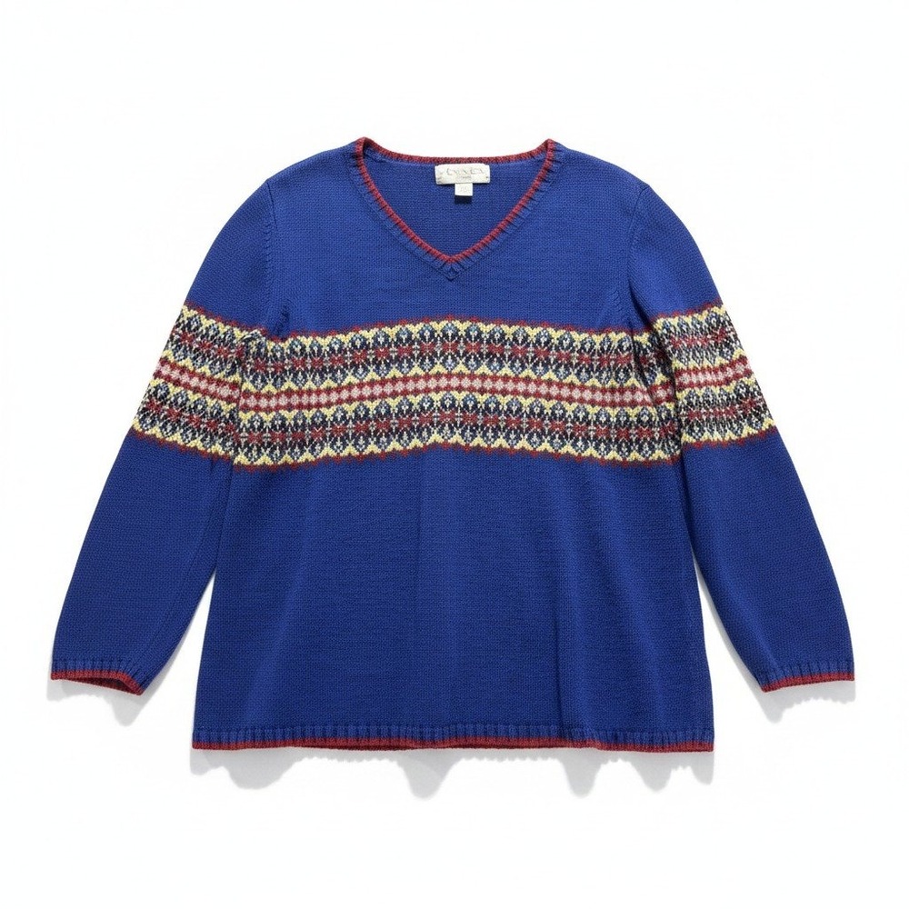 Casual Corner Annex Womens 1X Blue Fair Isle V-Neck Sweater Vintage Boho Cotton